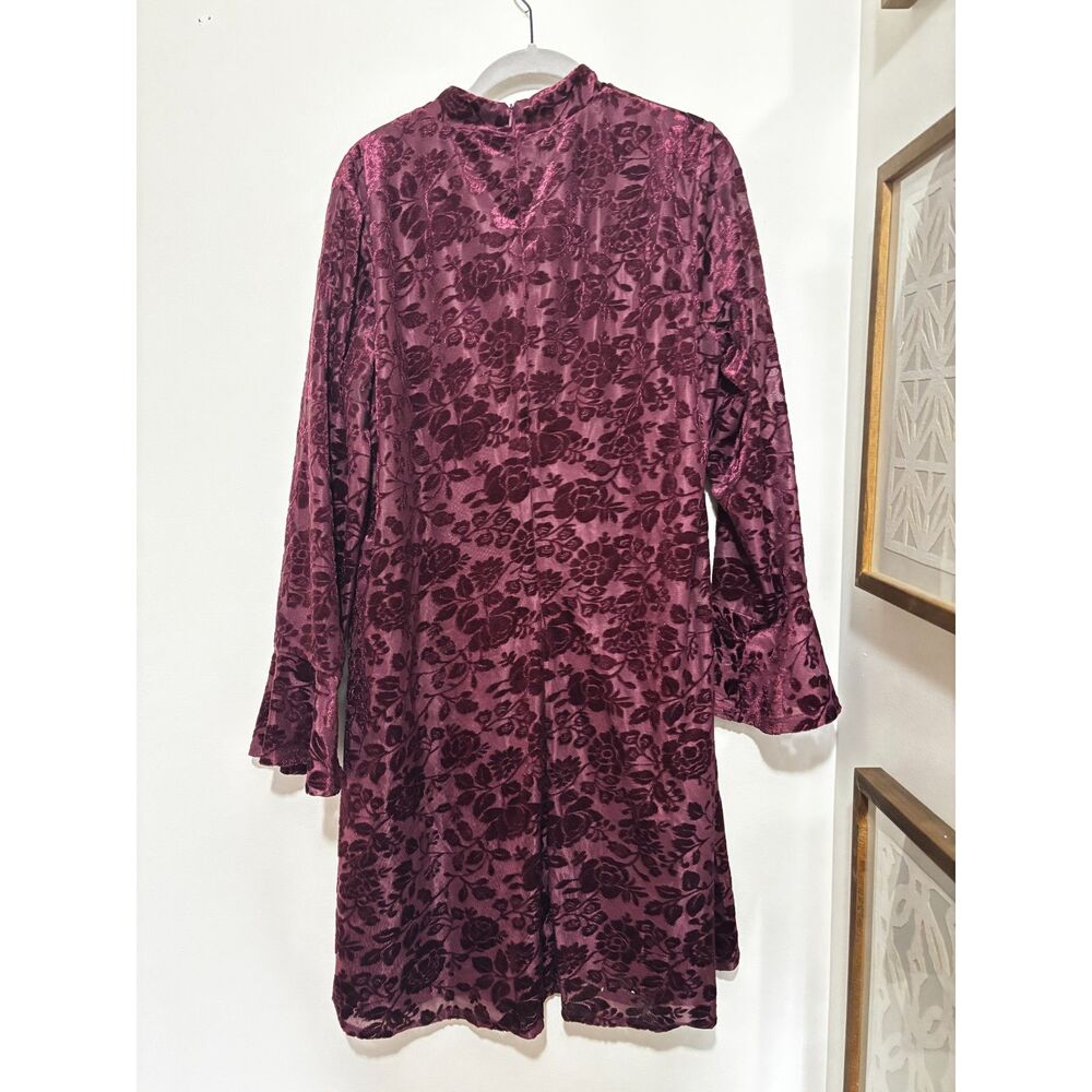 London Times Burgundy Velvet Burnout Floral Long‎ Sleeve Dress Womens 14